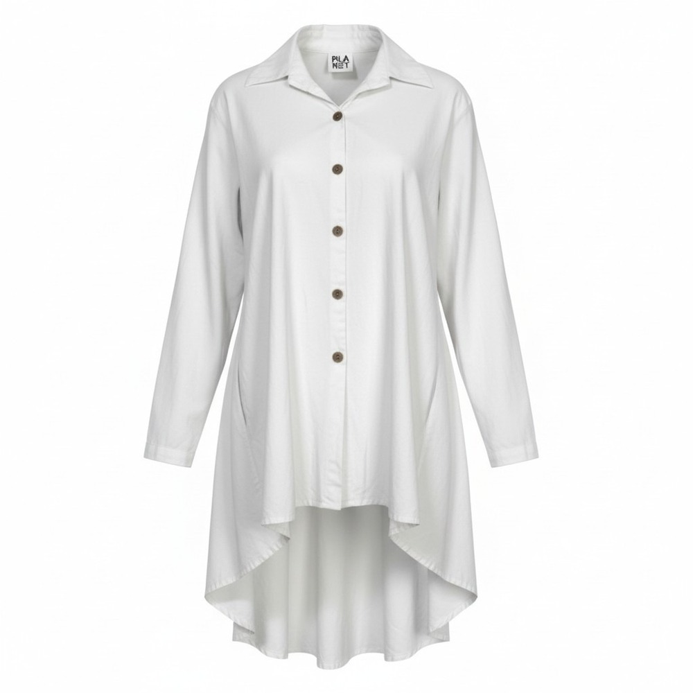 PLANET White Cotton Button Up High Low Architectural Oversize Tunic Shirt Dress=